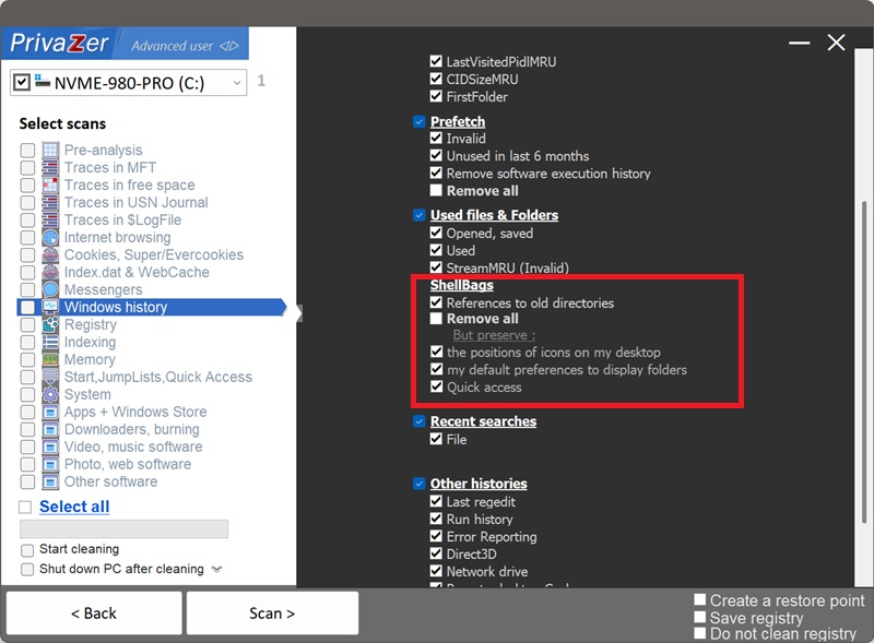 How to clean shellbags on Windows. Shellbags options: Yes remove all, Yes remove traces of deleted folders, No