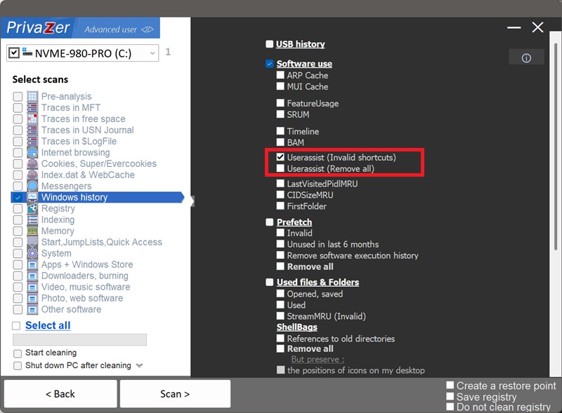 How to clean UserAssist on Windows. Userassist options: Invalid shortcuts, Remove all