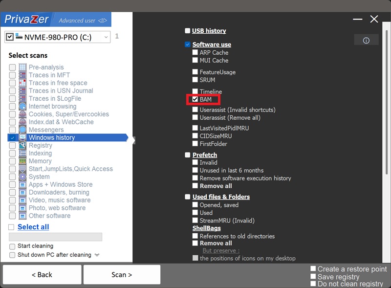PrivaZer options: Check the BAM box under Windows History to clean Background Activity Monitor traces.