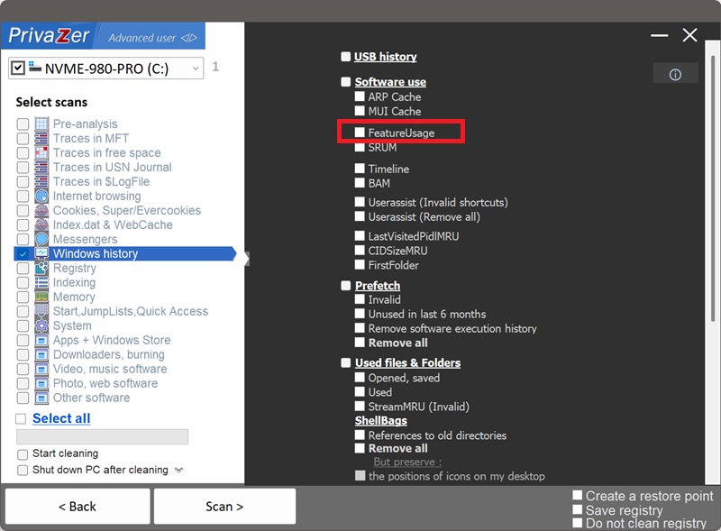 How to clean FeatureUsage on Windows. Software use options: FeatureUsage