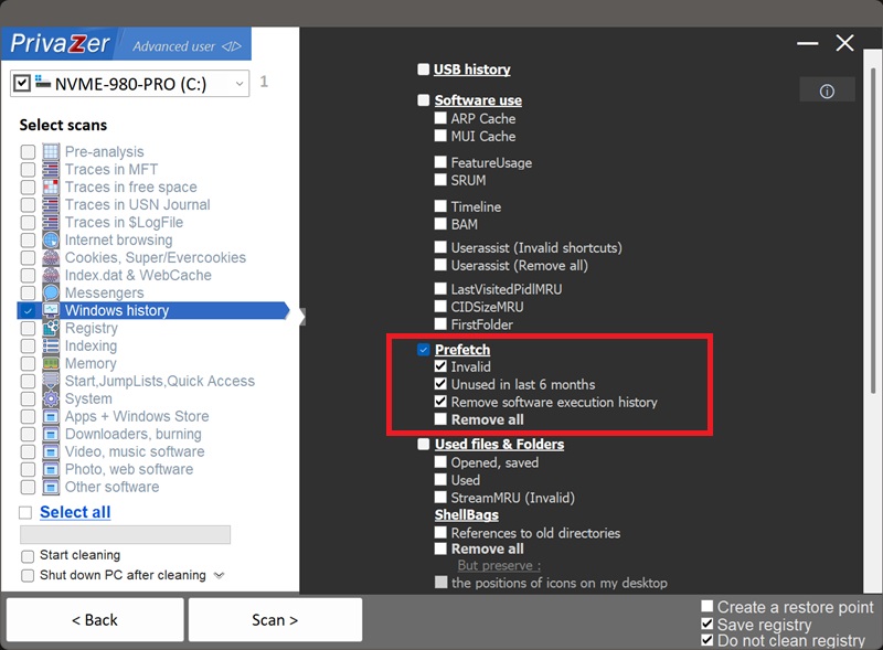 how to delete prefetch files on Windows. Prefetch cleaning options: Invalid, Unused in last 6 months, Remove software execution history, Remove all