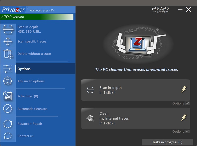 PrivaZer options menu (quick setup)